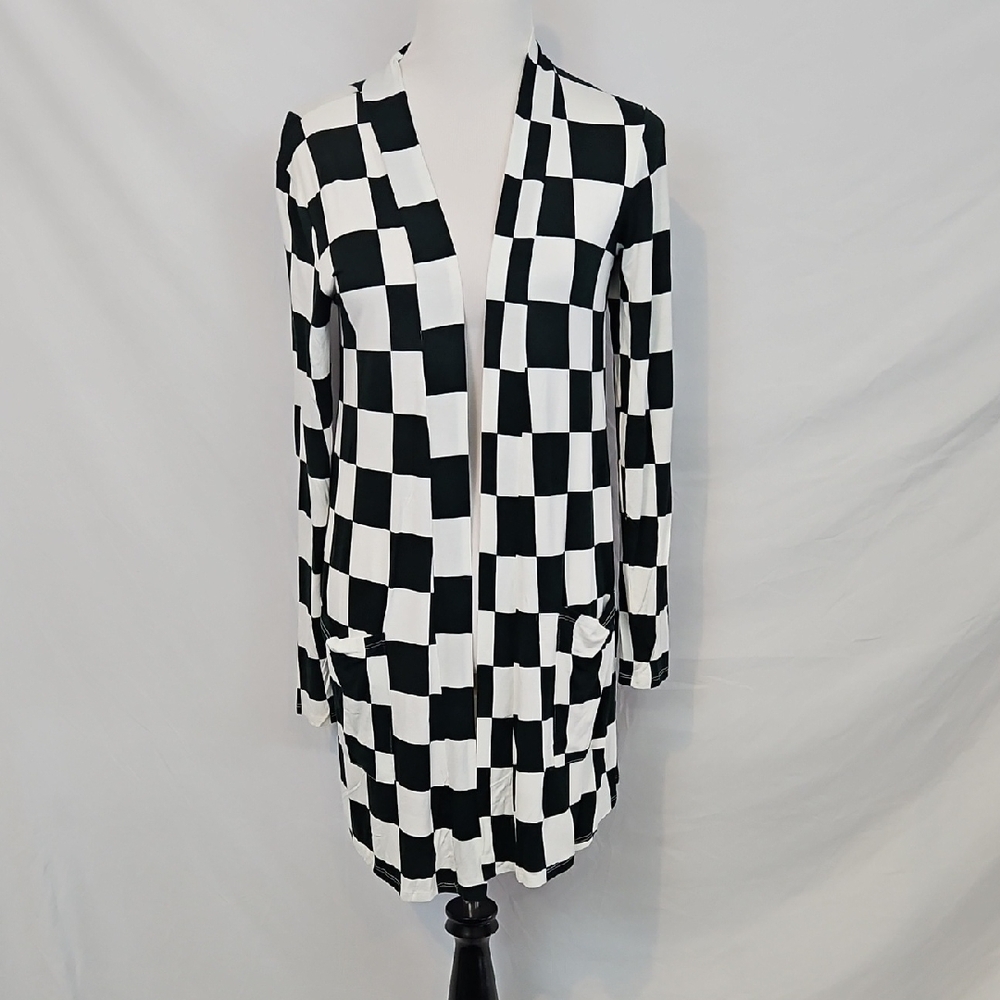 Zenana Army Green and White Checkered Open Cardigan